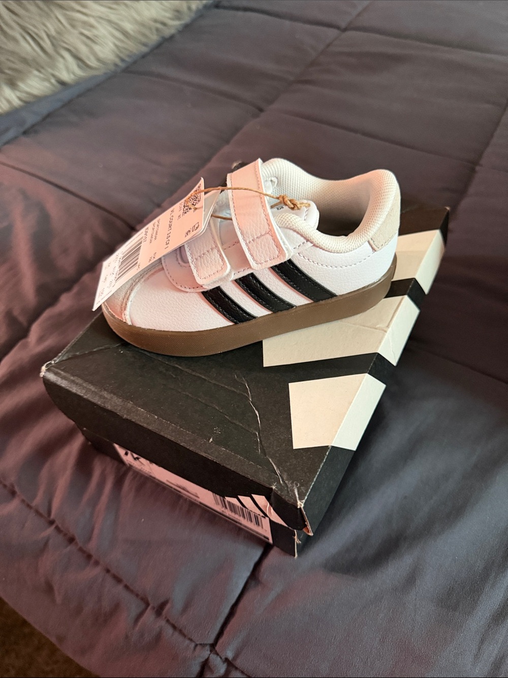 adidas Kids White Sneakers with Black Stripes and Brown Sole
